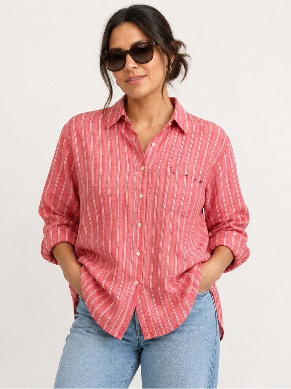 Beautiful Lawrence Zarian Coral Stripe Cotton Button Down Shirt S
